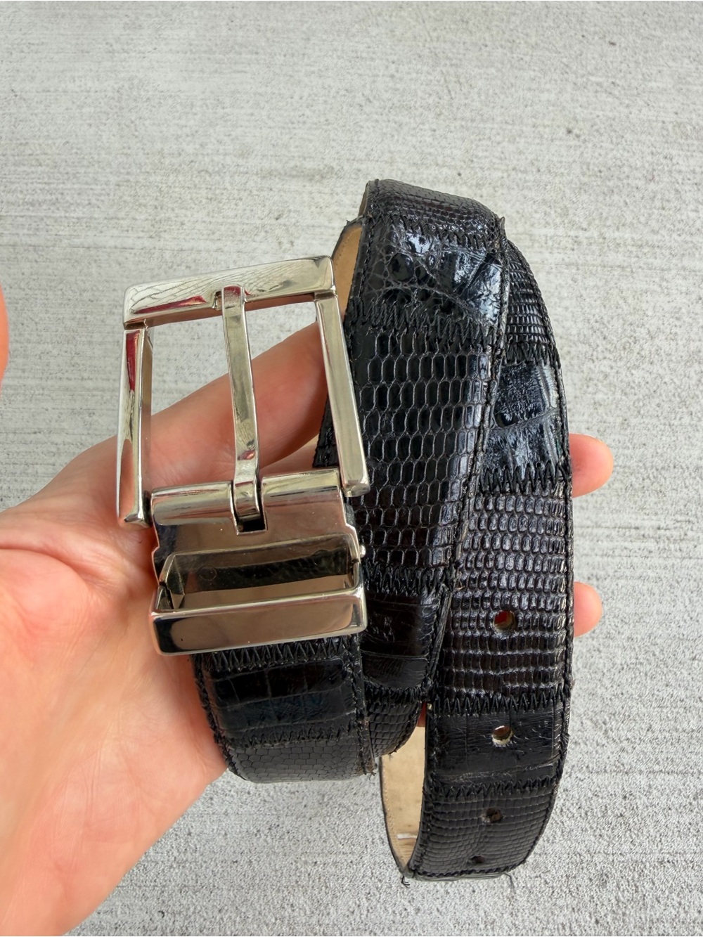 David Eden Genuine Crocodile Lizard Leather Belt Black Reversible Made in Italy